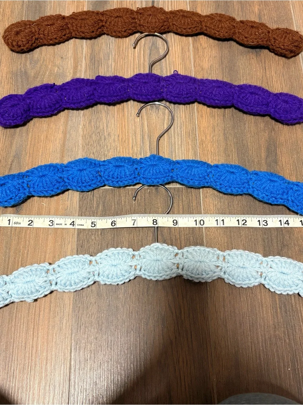 Hand Made Crochet Clothes Hangers Yarn Covered Wooden Lot of 4 Multicolor